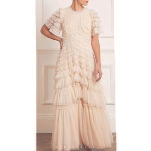 Maxi ruffle gown in champagne, full tulle skirt